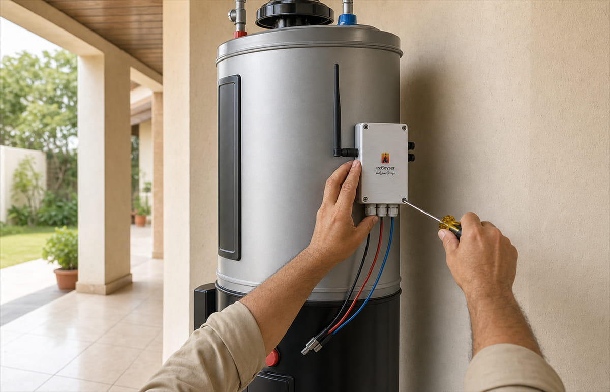 A technician mounting the ezGeyser controller beside a geyser